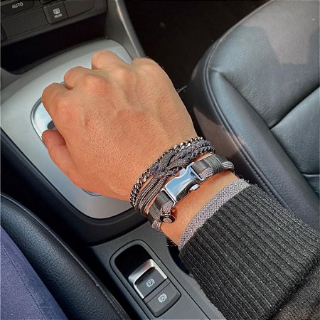 Pulseira Masculina de Couro e Paracord Grafite