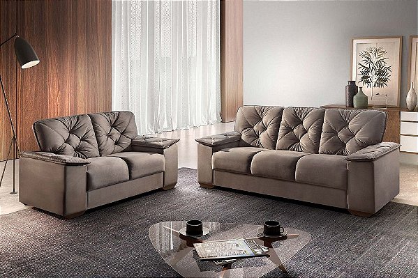 Conjunto estofado 3 e 2 lugares Dakar - Tecido veludo gramado RDM