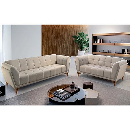 Conjunto estofado 3 e 2 lugares Austrália - Tecido veludo bege RDM