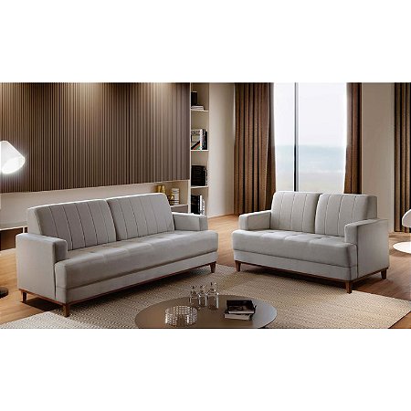 Conjunto estofado 3 e 2 lugares Madrid - Tecido veludo bege RDM