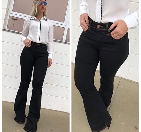 calça flare jeans cintura alta preta