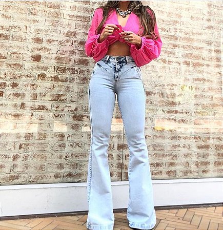 calça flare jeans cintura alta clara