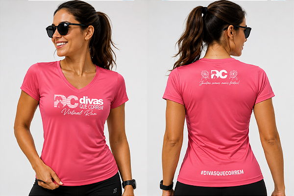 Camiseta Divas Que Correm Virtual Run Rosa em Poliamida.