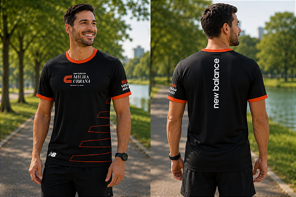 Camiseta New Balance Milha Urbana Preta e Laranja em Poliamida