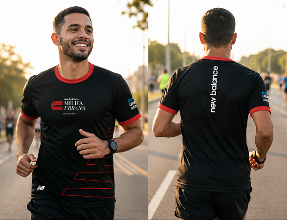 Camiseta New Balance Milha Urbana Preta e Vermelha em Poliamida