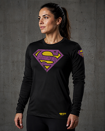 Camiseta Manga Longa Supergirl Preta em Poliéster