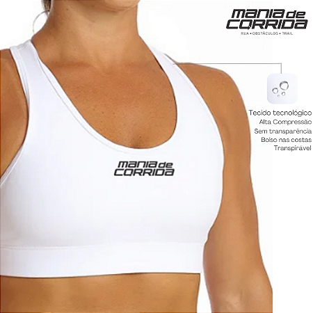 Top Branco MANIA DE CORRIDA de alta compressão com bolso nas costas (Zero Transparência)