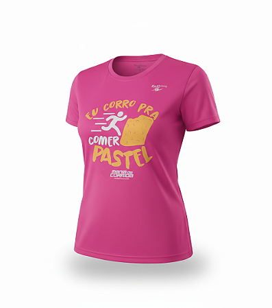 Camiseta EU CORRO PRA COMER PASTEL Rosa Neon em Poliamida