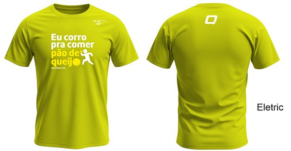 Camiseta EU CORRO PRA COMER PÃO DE QUEIJO Amarelo Flúor em Poliamida