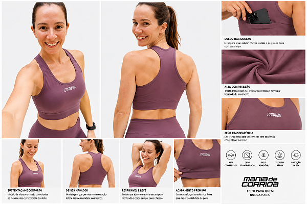 Top de Compressão MALVA Feminino para Corrida com Bolso | Mania de Corrida (Zero Transparência)
