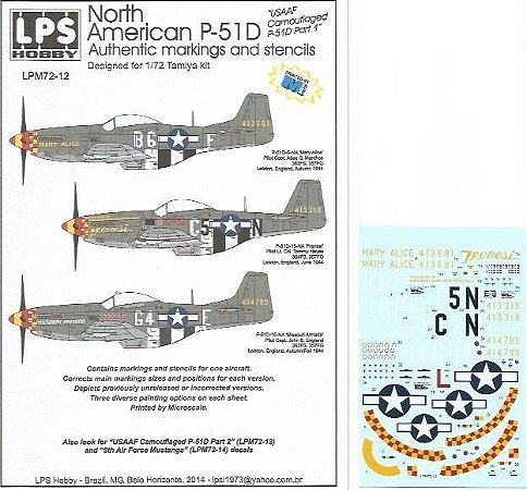 Decal P-51D versão "USAAF Camouflaged P-51D Part 1" - escala 1/72 - LPS Hobby