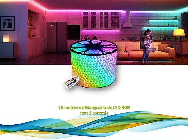 Mangueira de led RGB com 10 metros + controle remoto e fonte