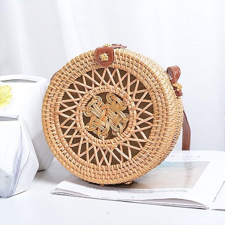 rattan round crossbody bolsa