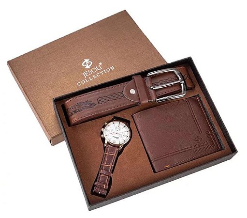kit carteira cinto e relogio masculino