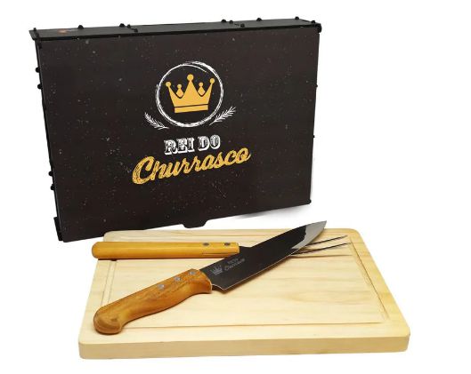 Kit churrasqueiro na caixa MDF 1 tábua + 1 faca e 1 garfo - Mensagens Diversas