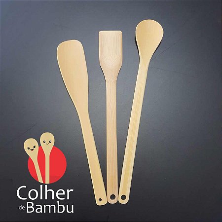 Kit com 3 utensílios em bambu (2 colheres e 1 espátula)