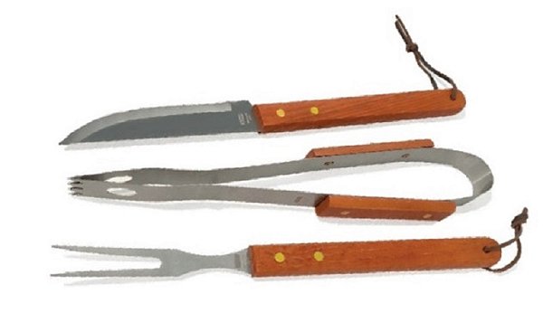 Kit Churrasco Em Aço Inox E Madeira Essencial - 03 Pecas
