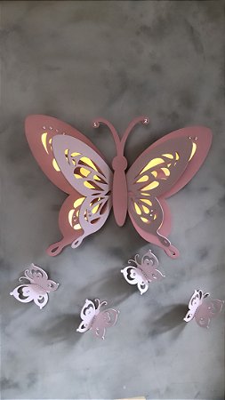 Composição Borboleta Luminosa 3 D com Strass e trio de borboletas mini