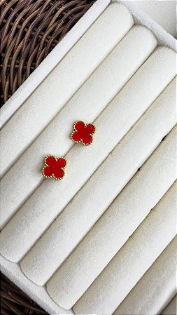 Brinco Feminino Trevo Quatro Folhas Dourado Aço Inoxidável Cor Vermelho