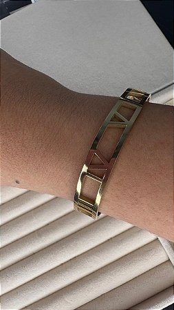 Pulseira Bracelete Aço Inoxidável Dourado com Detalhes em Números Romanos