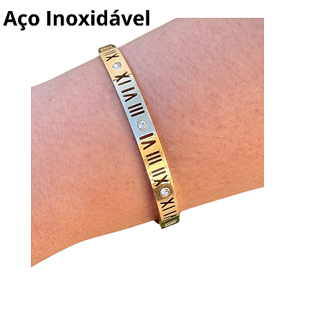 Pulseira Bracelete Aço Inoxidável Dourado com Detalhe em Números Romanos