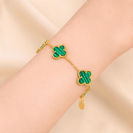 Pulseira de Trevo de Quatro Folhas Aço Inoxidável Dourado Verde