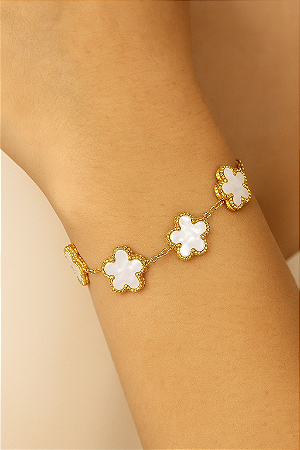 Pulseira de Trevo de Quatro Folhas Aço Inoxidável Dourado Branco