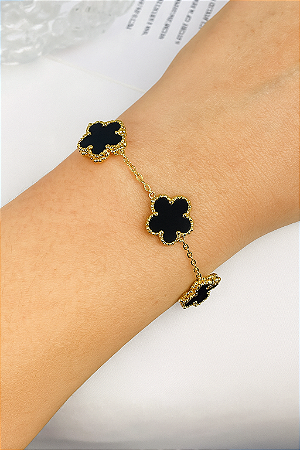 Pulseira de Trevo de Quatro Folhas Aço Inoxidável Dourado Preto