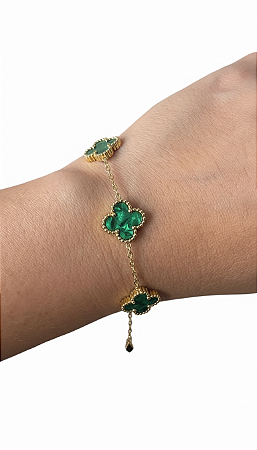 Pulseira de Trevo de Quatro Folhas Aço Inoxidável Dourado Verde Brilhante