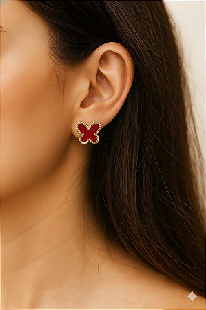 Brinco Feminino Borboleta Vermelha Aço Inoxidável Dourado Delicado Moderno