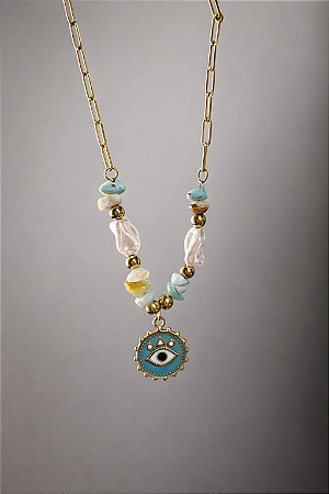 Colar Olho Grego com Pedras Delicadas Aço Inoxidavel Dourado Amuleto de Proteção