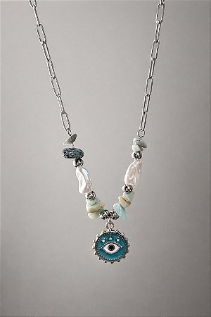 Colar Olho Grego com Pedras Delicadas Aço Inoxidavel Prata Amuleto de Proteção