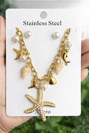 Conjunto Feminino Brinco de Pérola e Colar Marinho Feminino Sereia Golfinho