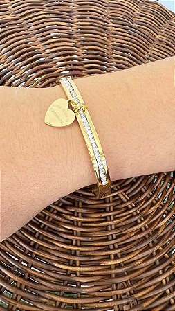 Bracelete Aço Inoxidável Dourado com Coração e Zircônia