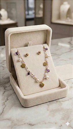 Conjunto Dourado Crystalé Colar e Brinco em Aço Inoxidável