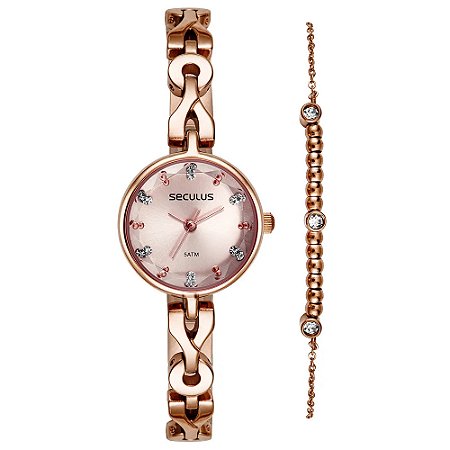 Kit Relógio Feminino Vintage Rosé com pulseira cristais