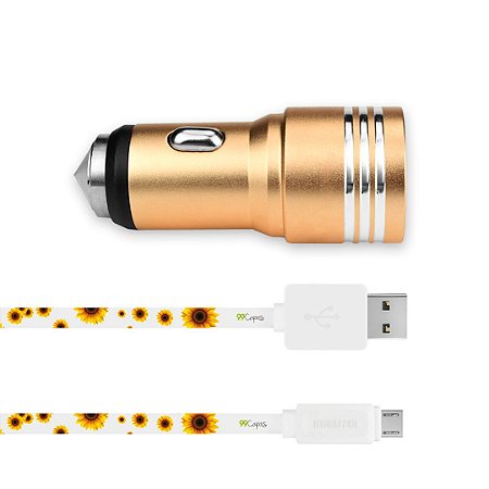 Kit Carregador Veicular Dourado + Cabo Micro USB Girassóis