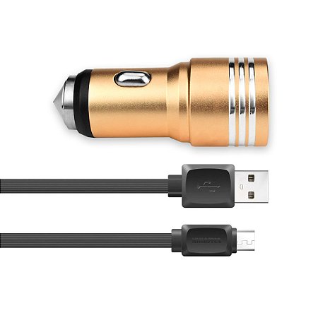 Kit Carregador Veicular Dourado + Cabo Micro USB Preto