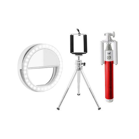 Kit Youtuber -  Selfie Ring Light Preto + Bastão de Selfie Bluetooth (vermelho) + Tripé Metálico
