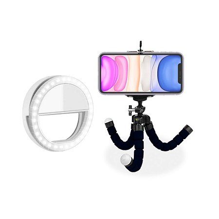 Kit Home Office Básico 2 -  Selfie Ring Light Preto + Tripé Spider Articulado Preto