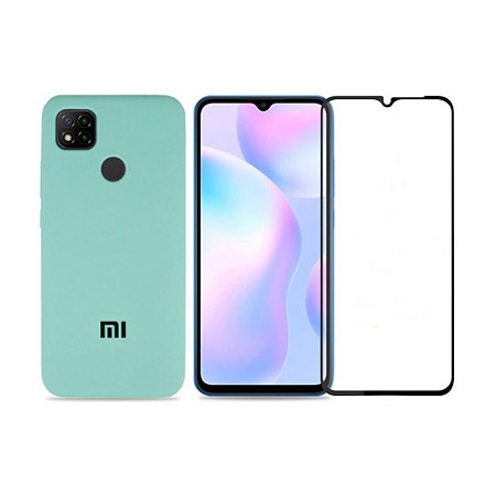 Kit Silicone Case Verde Água + Película 3D de Vidro para Redmi 9C