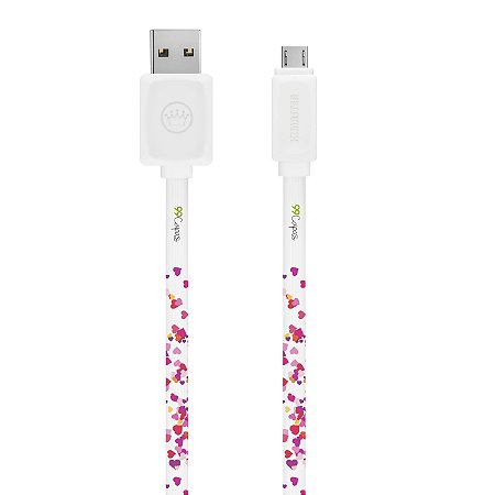 Cabo Micro USB Branco Personalizado - Corações Rosa