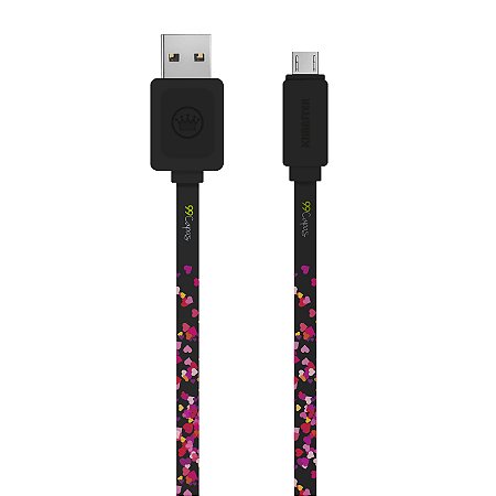 Cabo Micro USB Preto Personalizado - Corações Rosa