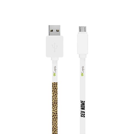 Cabo Com Nome Micro USB Branco Personalizado - Animal Print