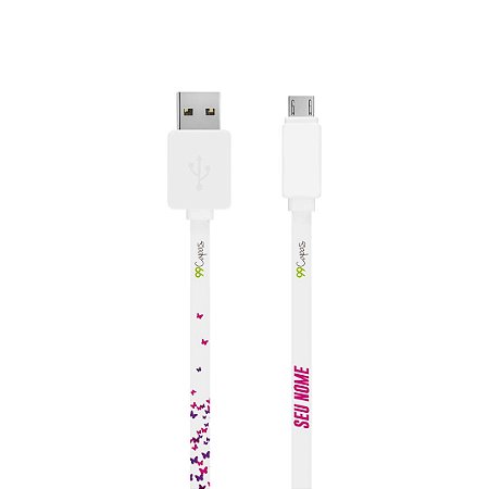 Cabo Com Nome Micro USB Branco Personalizado - Borboletas Flutuantes
