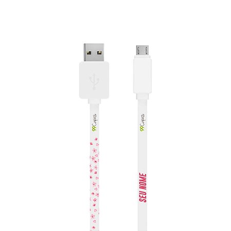 Cabo Com Nome Micro USB Branco Personalizado - Cerejeiras