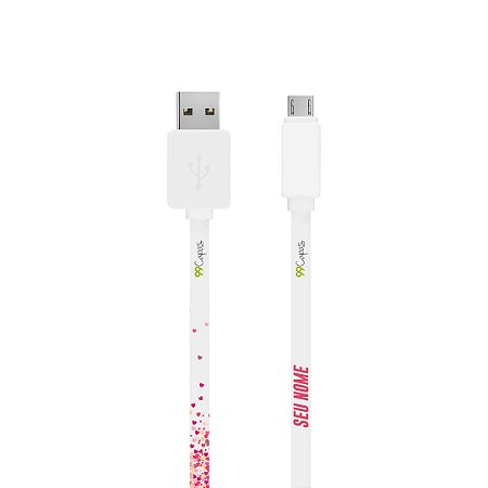 Cabo Micro USB / V8 branco com nome - Corações Rosa