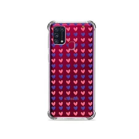 Capinha (transparente) para Galaxy M31 - Corações Roxo e Rosa