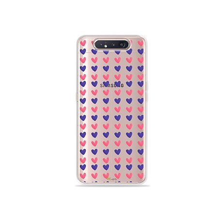 Capinha (Transparente) Corações Roxo e Rosa para Galaxy A80