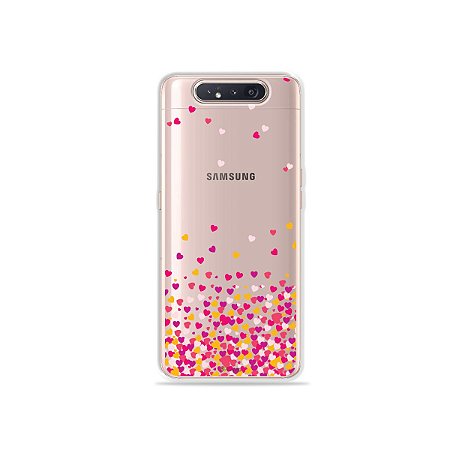 Capinha (Transparente) Corações Rosa para Galaxy A80